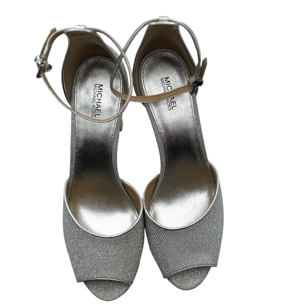 Michael Kors Silver Glitter Platform Stiletto Heel Ankle Strap Peep Toe Size 9.5